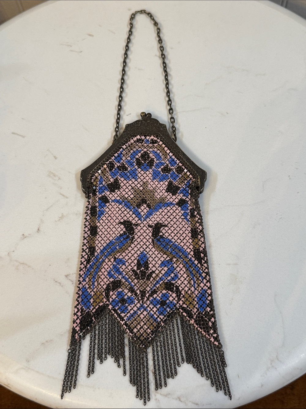 Antique Mandalian Mesh Enamel Flapper Purse Birds w/ Fringe